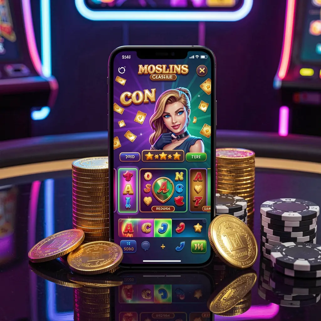 G0444 mobile casino dashboard on smartphone displaying colorful gaming interface with golden coins and poker chips on glossy table under elegant neon lighting