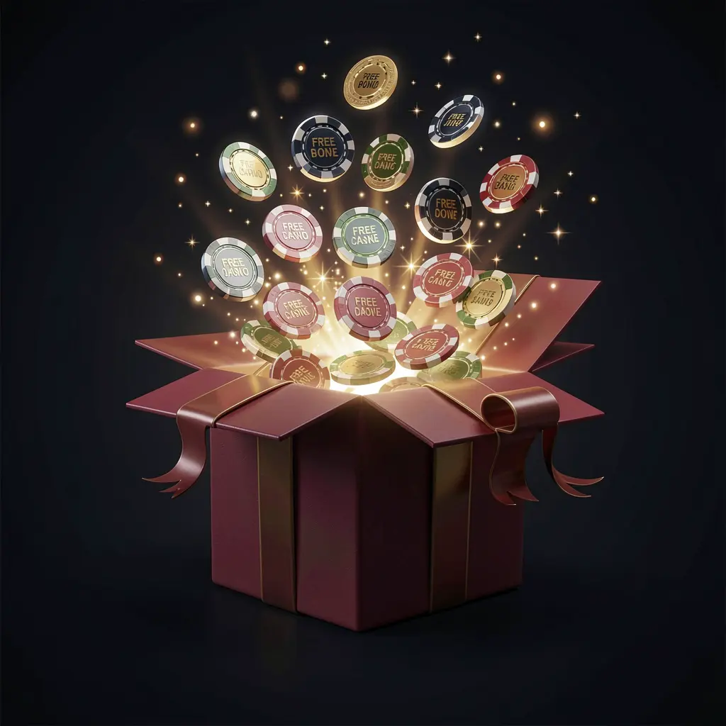 G0444 no deposit bonus visual showing free casino chips emerging from a glowing gift box with magical sparkles on a dark premium background in a realistic 3D render