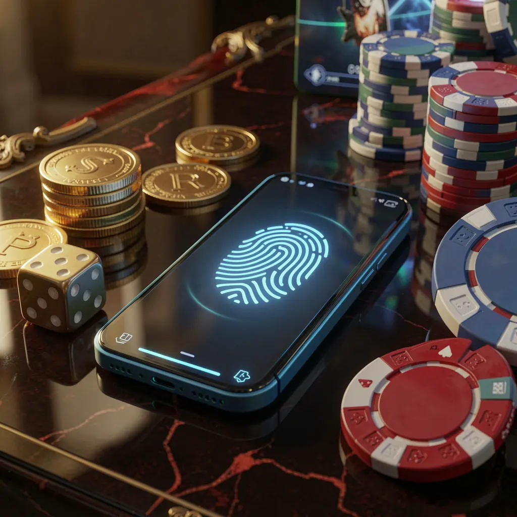 G0444 online gaming account access scene featuring a smartphone with a glowing fingerprint icon, golden coins, dice, and poker chips on a glossy table under cinematic lighting