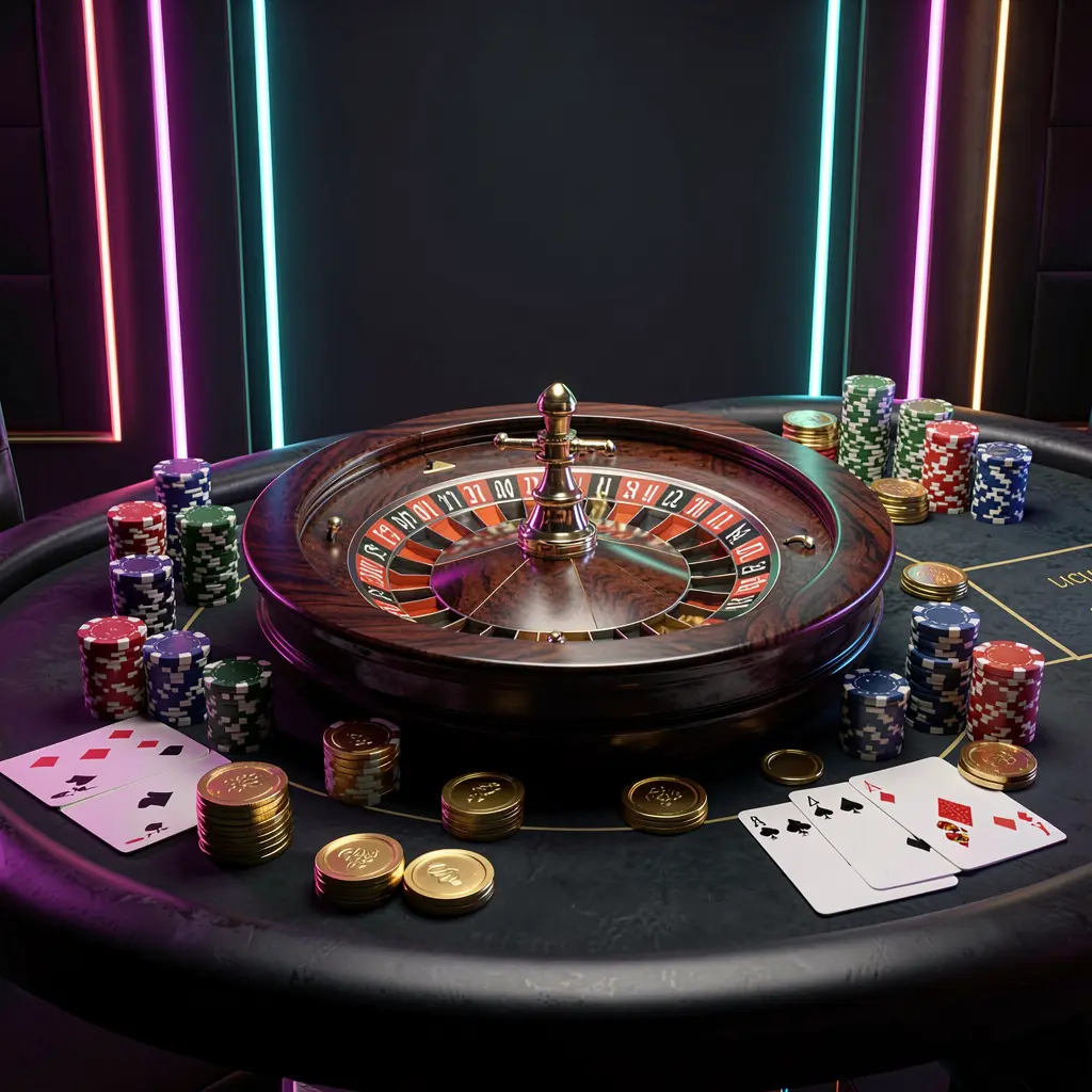 G0444 online casino homepage hero banner featuring a luxury casino table with a roulette wheel, poker chips, playing cards, and golden coins on a dark premium background with neon glow in a cinematic 3D render